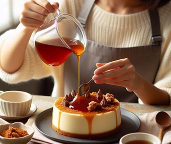 Una persona echando caramelo líquido sobre una tarta de queso